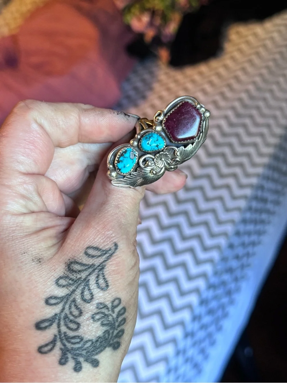 Vintage 1970s Rose Castillo Navajo Sterling Silver Turquoise Spiny Oyster Ring